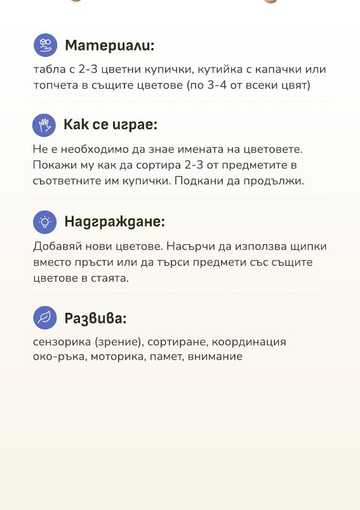 Гърбът на карта „Сортирай по цвят“ с материали и стъпки н а играта